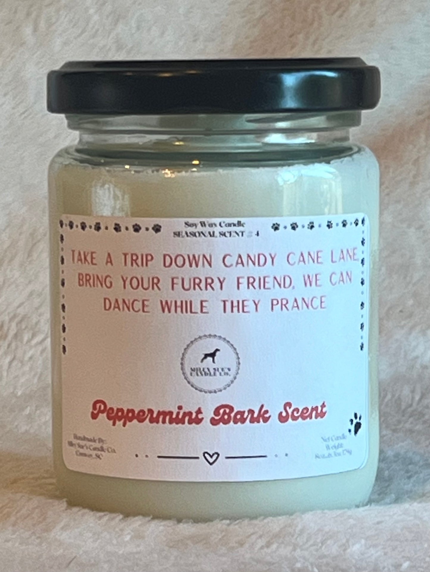 Take a Trip Down Candy Cane Lane, Bring Your Furry Friend, We Can Dance While They Prance, Peppermint Bark Scent, 8oz Glass Jar Candle