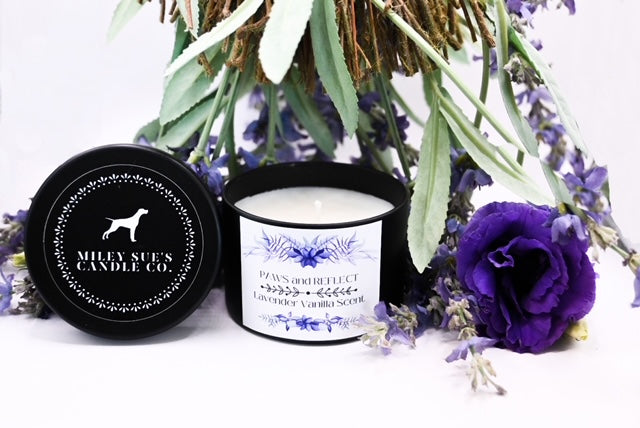 Homemade Soy Dog Candles, PAWS and REFLECT, Lavendar and Vanilla Scent, 4oz Tin