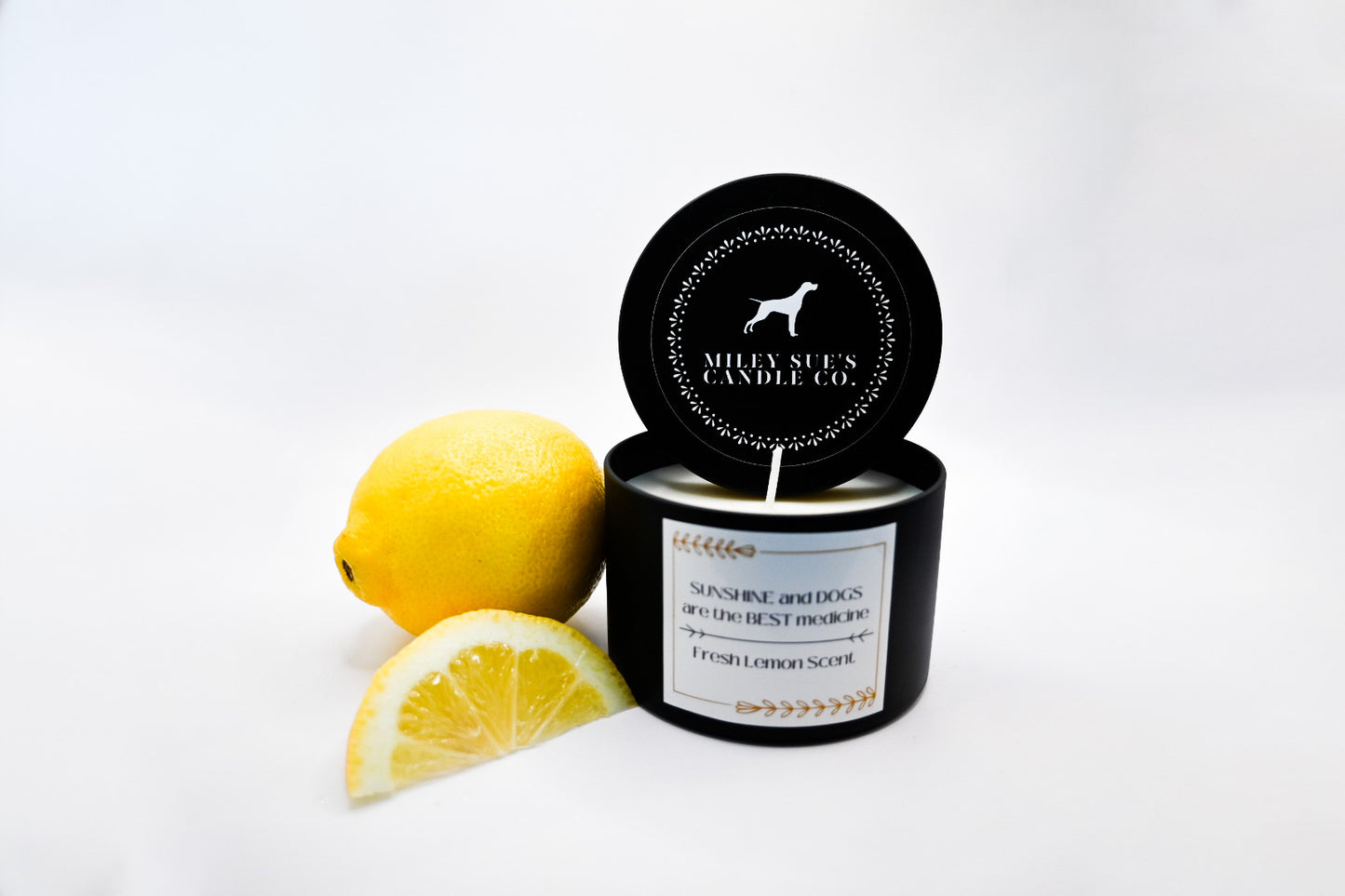 Homemade Soy Dog Candles, SUNSHINE and DOGS are the BEST Medicine, Fresh Lemon Scent, 4oz Tin