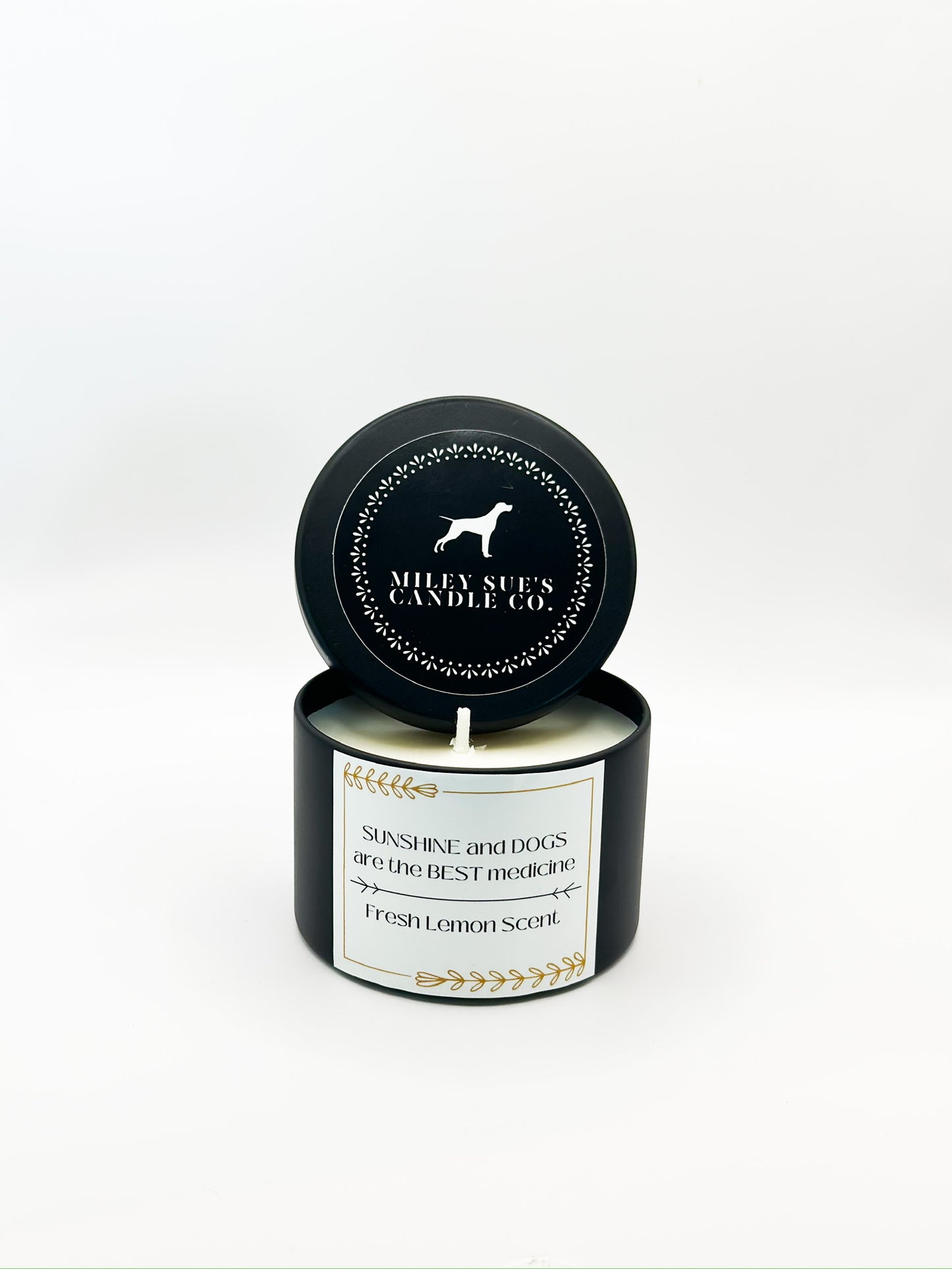 Homemade Soy Dog Candles, SUNSHINE and DOGS are the BEST Medicine, Fresh Lemon Scent, 4oz Tin