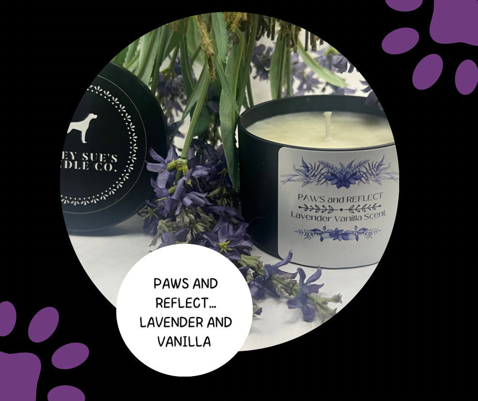 Homemade Soy Dog Candles, PAWS and REFLECT, Lavender and Vanilla Scent, 8oz Tin